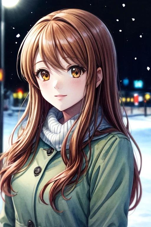 Glanz, weiche Konturen, detaillierter Hintergrund, Helle Farben,
1 Mädchen, Aquarell, kyoani haruhi style, Asahina Mikuru, langes braunes Haar, Schnee,  Halbkörperporträt, Pastellfarben, ink, kalte Winterlichter, Aquarell background