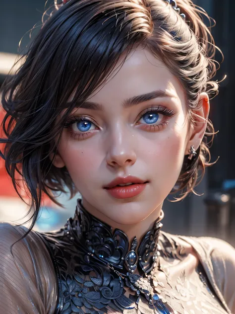 detailed woman face looking at the camera, blue eyes, hot thick red lips, mouth parted with sensuality, photorealistic, sharpened eyes, (((eyes to the camera))) slightly smiling