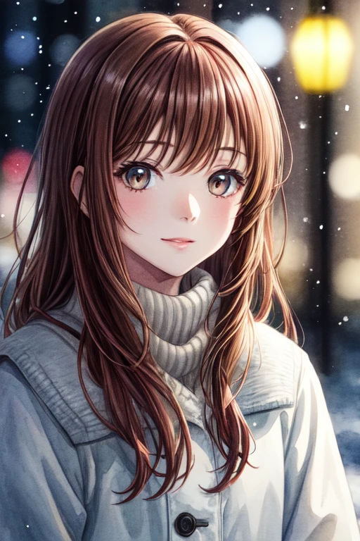 radiance, soft contours, detailed background, bright colors,
1girl, watercolor, kyoani style, long reddish brown hair, snow,  half body portrait, pastel colors, ink, cold winter lights, watercolor background