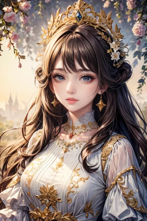 (best quality,8K,CG),detailed upper body,solitary girl,floral forest background,complex facial features,elegant long curly hair,...