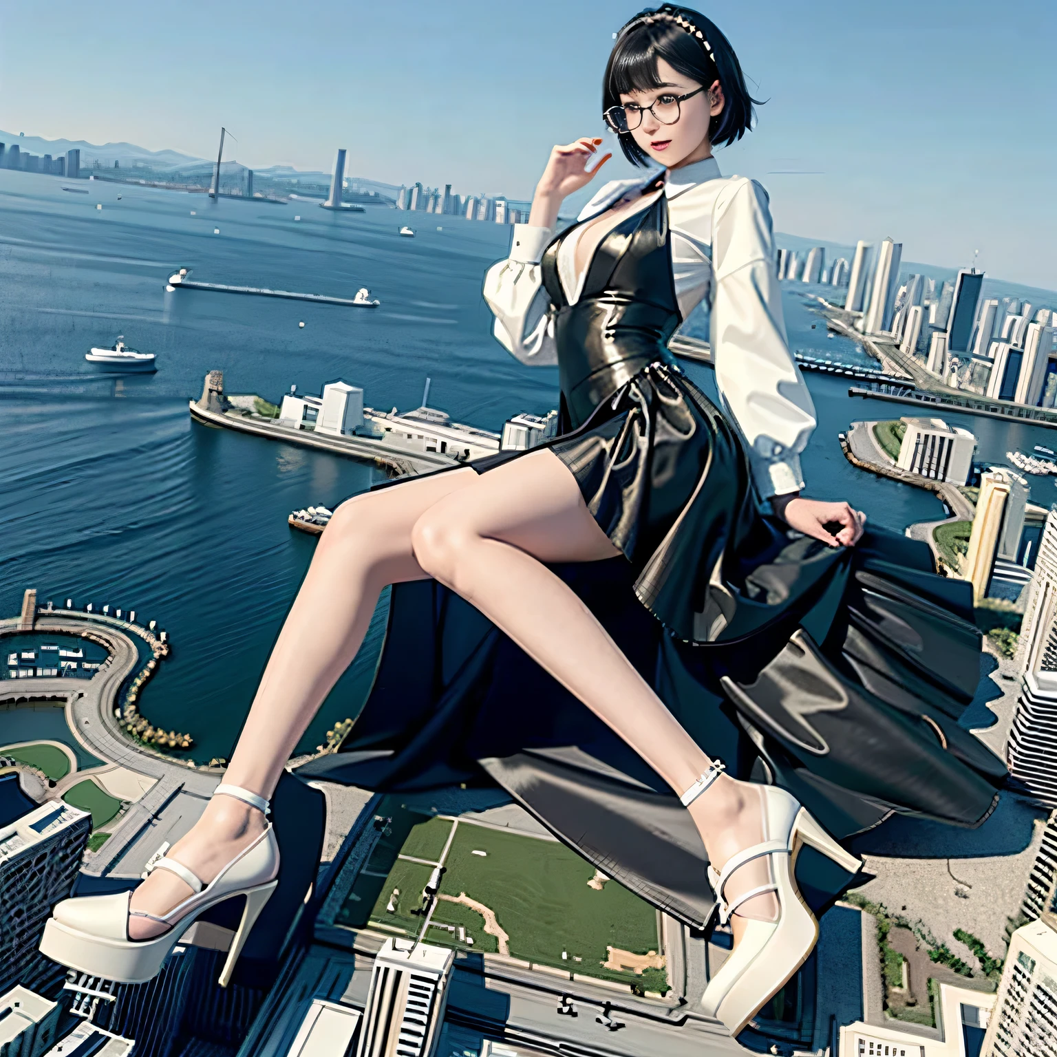 Multiple girls, the giant art, 非常に詳細なthe giantショット, the giant, Shorthair, Giant woman bigger than a skyscraper, Wearing rimless glasses, Colossal , BIG ASS, White luxury dress, White pantyhose, white shoes with high heels and stilettos, very small metropolis, Trying to destroy a miniature metropolis, Full body depiction, nffsw, giga the giant, the giant, Stomping City,crash city,Small town,micro city,