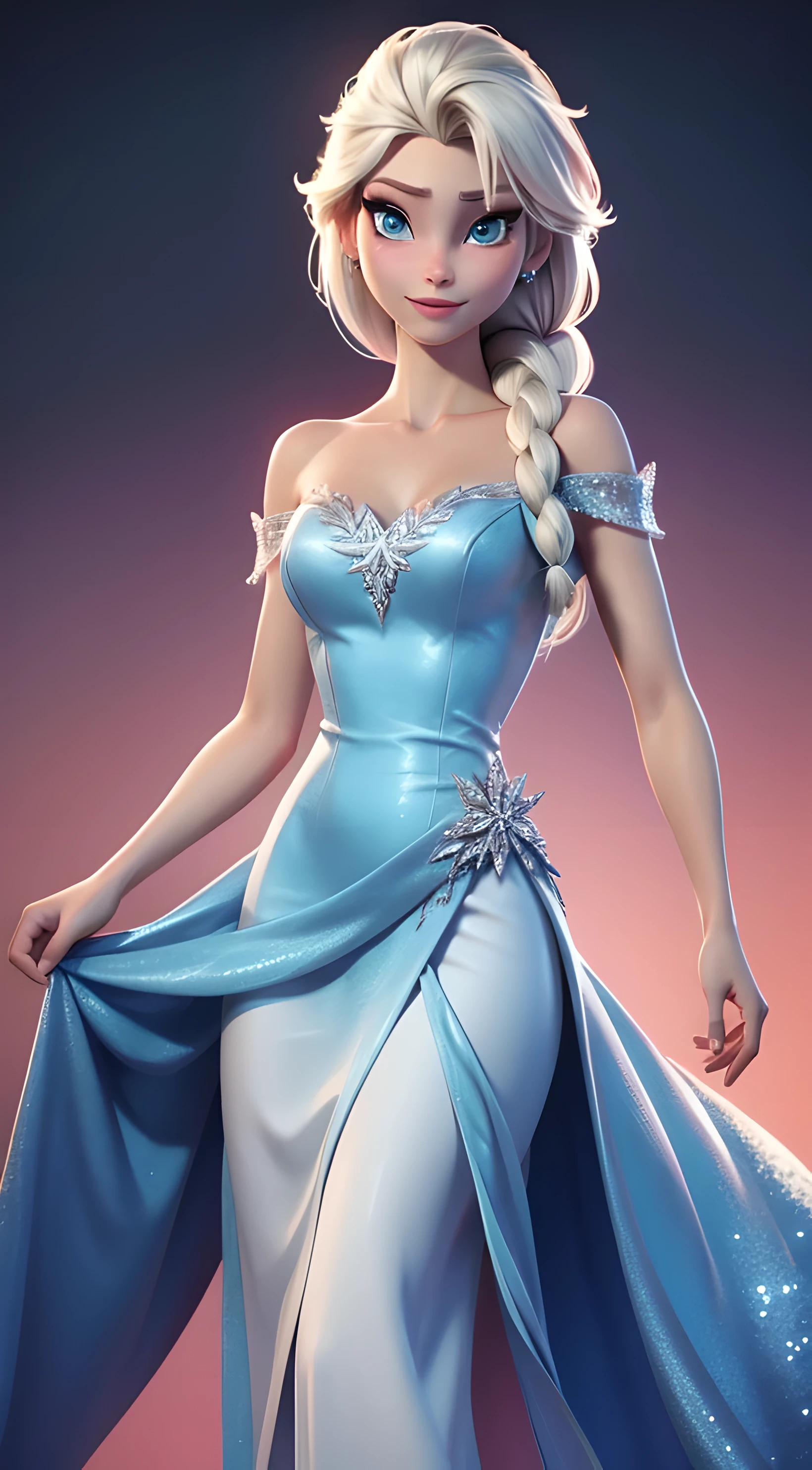 Genera una imagen realista de Elsa de Frozen, personaje real congelado elsa, Vestida a la moda moderna para el Año Nuevo. . Vestido de textura HDR 8K, visual render Elsa, Elsa debería llevar un vestido rojo., vestido largo delicado , junto con un gorro de Papá Noel de Año Nuevo. El vestido debe ser elegante y adecuado para una princesa.. Vestido de año nuevo con plumas y borlas reales.