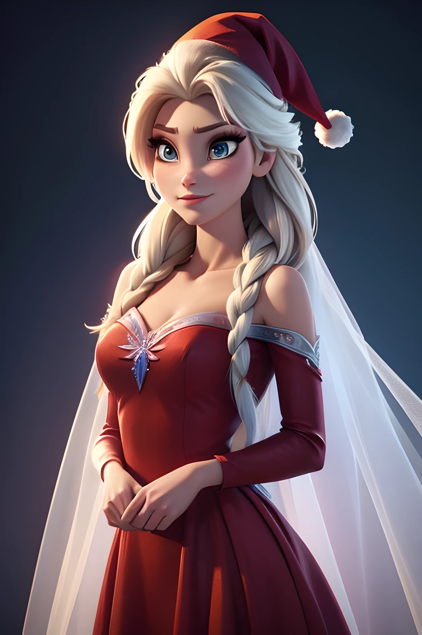 สร้างภาพเอลซ่าจากเรื่อง Frozen ที่สมจริง, ตัวละครจริง โฟรเซ่น เอลซ่า, แต่งกายด้วยแฟชั่นทันสมัยรับปีใหม่ . ชุดพื้นผิว HDR 8K, การเรนเดอร์ภาพ Elsa, เอลซ่าควรสวมชุดสีแดง, ชุดเดรสยาวที่ละเอียดอ่อน , พร้อมกับหมวกซานต้าปีใหม่. การแต่งกายควรมีสไตล์และเหมาะสมกับเจ้าหญิง. ชุดปีใหม่ด้วยขนนกและพู่จริง