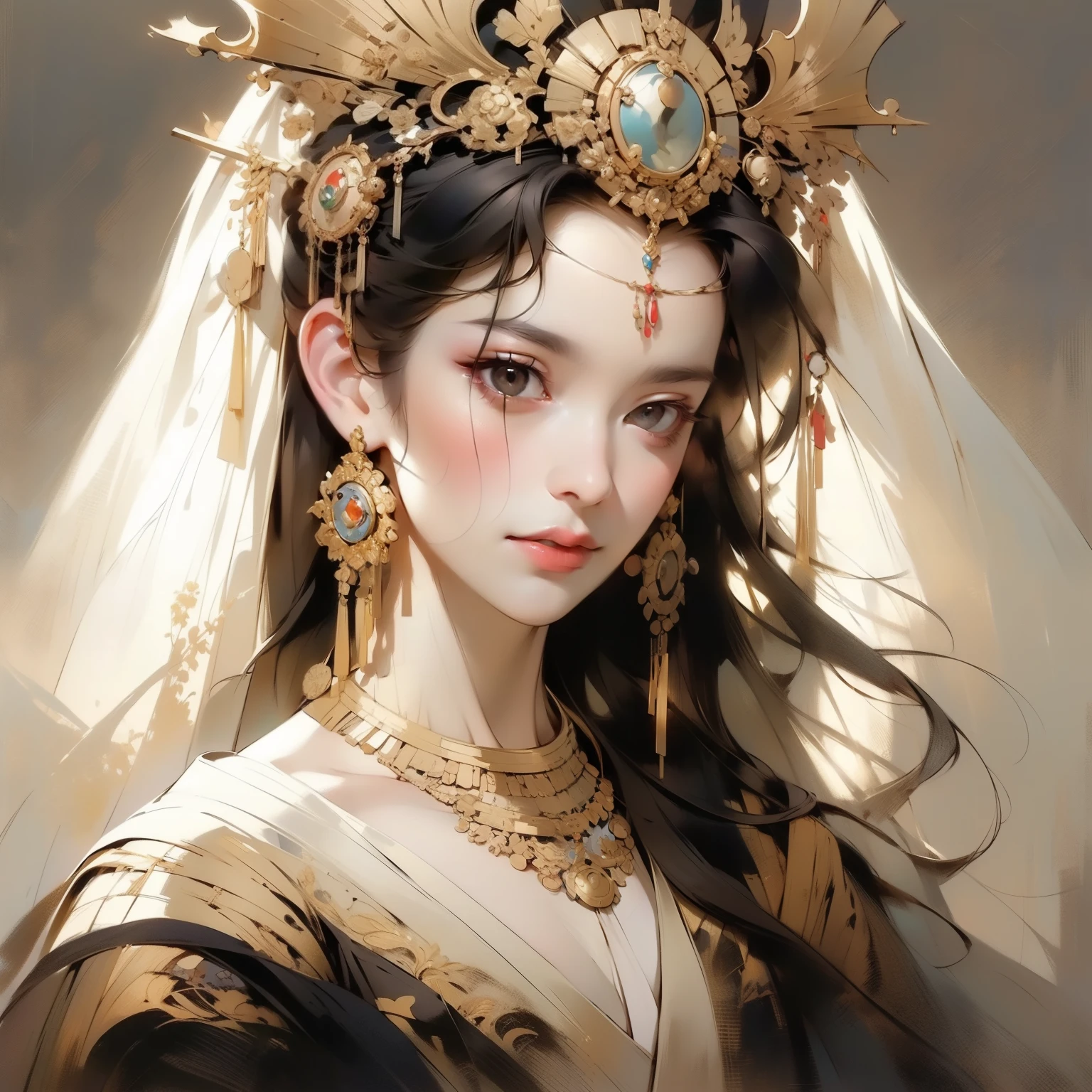 Beautiful women in the west, Decorated with golden gauze and intricate ornaments., With a real face and a sun-kissed face. Artist Zhao style oil painting, Extreme close-ups, Dancing in loose golden gauze, beautiful and exquisite., beautiful light, The facial details and brown eyes are very beautiful., flowing silk, An exquisite veil, clear three-dimensional face, Solid background, 10, Add sadness and silence to artistic depictions.. UHD