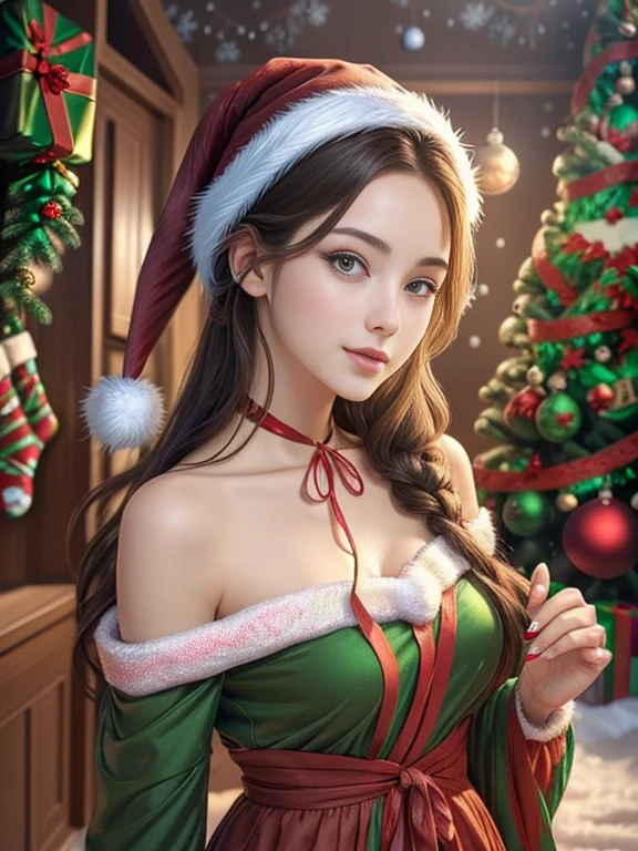 (((In sticker style for Christmas events))), (((SFW))), 8k, ((masutepiece)),(((top-quality))),((Ultra-detailed)),((((Realistic)))), Photorealsitic:1.37, (A hyper-realistic), (illustratio), (hight resolution), (ighly detailed), (The best illustrations), (Ultra-detailed細), (wall-), (Detailed face), (Beautiful expression), ((More top-quality skins:1.2)), ((Reddish blush)), (Ultra-detailed background, Detailed background), (Beautiful and aesthetic: 1.2), Extremely detailed, (((A scene where the girl herself becomes a Christmas present:1.5))), ((Affectionate smile)), There is a woman standing with a furoshiki wrapped around her bare skin., (((Christmas colored furoshiki))), ((Wrapping tape wrapped around a girl&#39;s body)), ((Christmas-colored wrapping ribbons are attached around the girl&#39;s head, neck, and waist.))