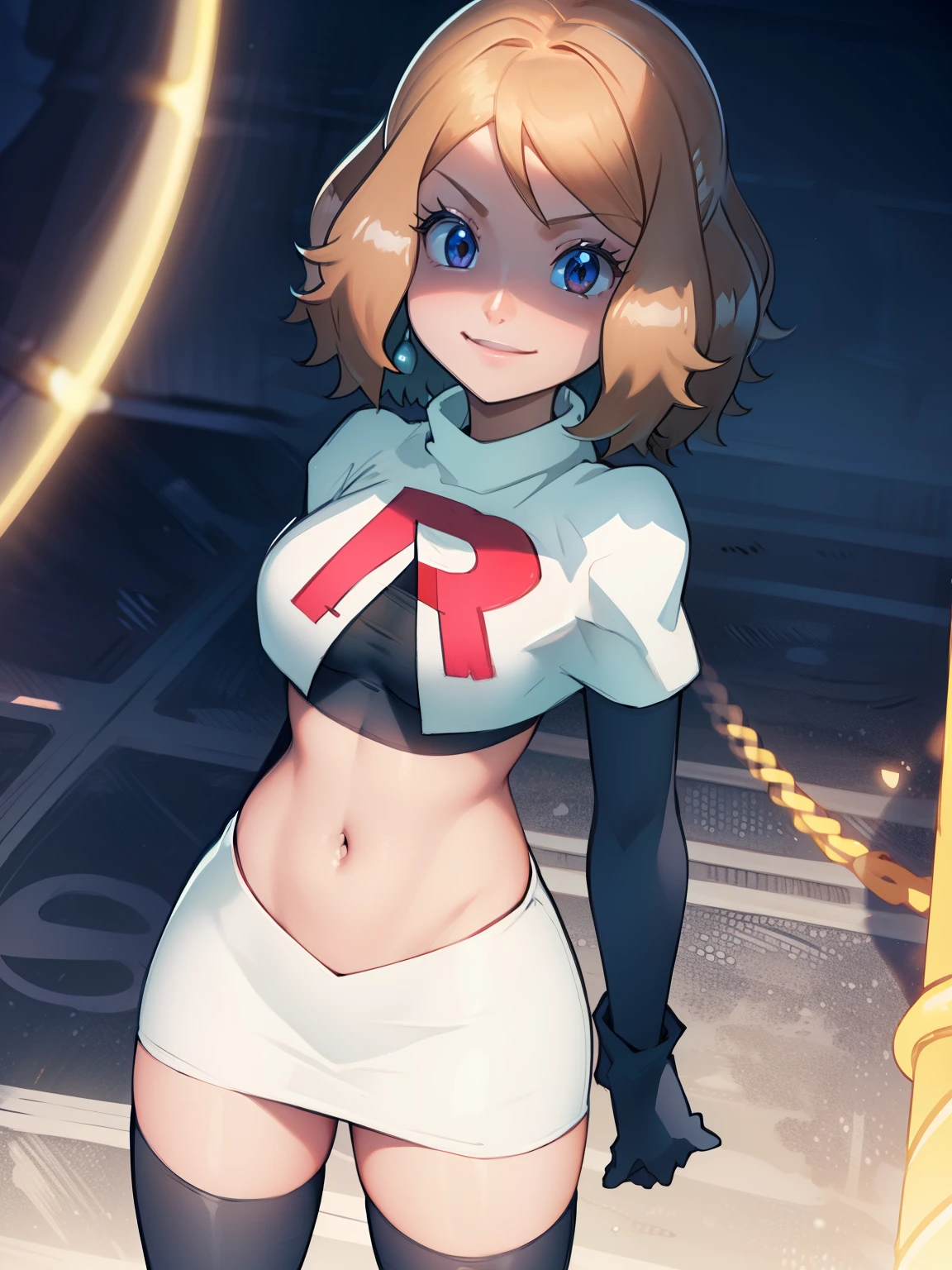 serena, glossy lips ,team rocket uniform, red letter R, white skirt,white crop top,black thigh-high boots, black elbow gloves, evil smile, looking at viewer, cowboy shot