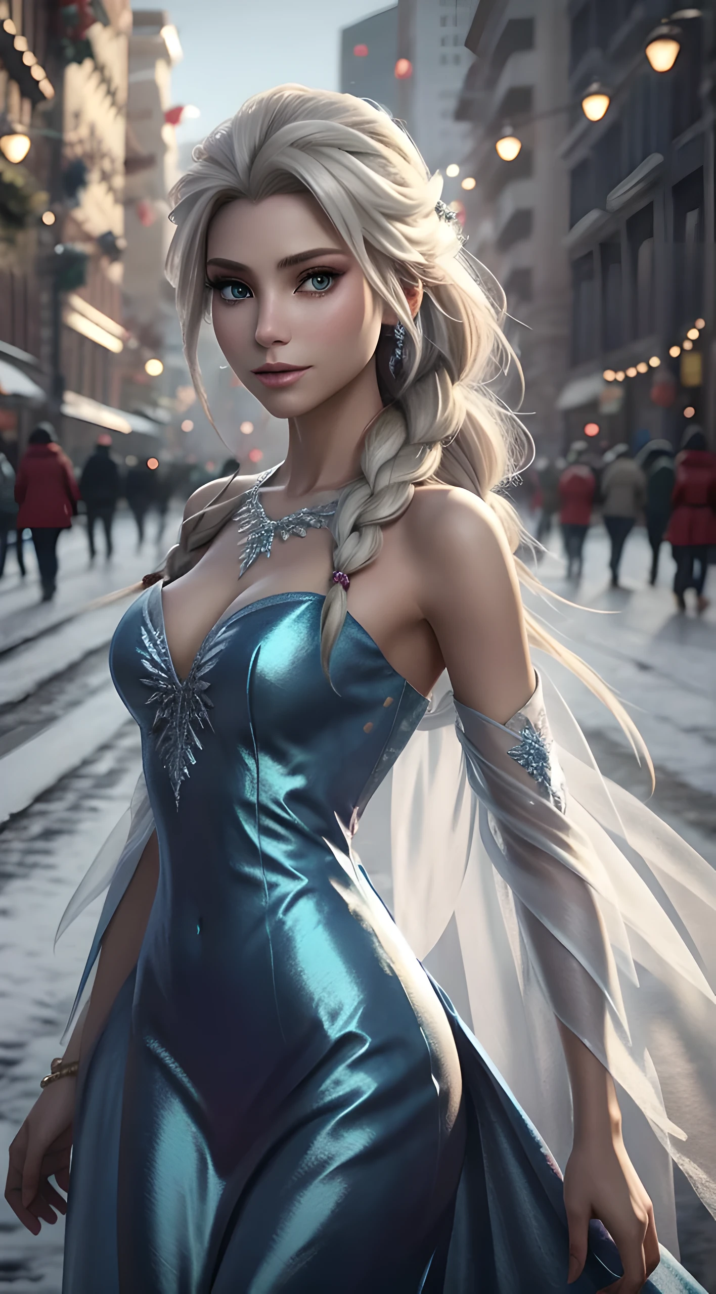 Generate an realistic image of Elsa from Frozen, real character Frozen elsa, dressed in modern fashion for a New Year's . HDR 8K texture dress, visual render Elsa, Elsa should be wearing a red, delicate long dress , along with a New Year's santa hat. The dress should be stylish and suitable for a princess. New Year's dress with real feathers and tassels