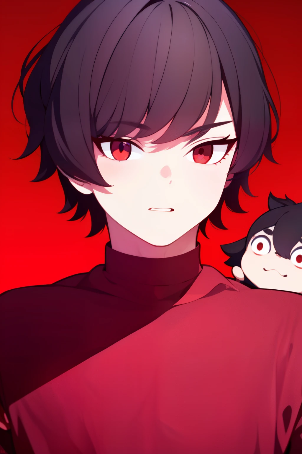 Anime boy with black hair and red eyes holding a small doll - SeaArt AI