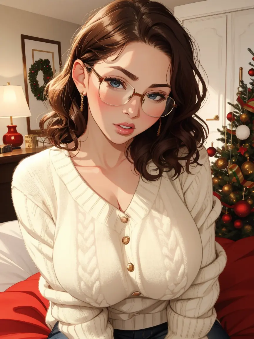 Christmas mommy, brunette, sweater, sexy, seductive, curly hair, nerdy, detailed, masterpiece, milf, christmas tree