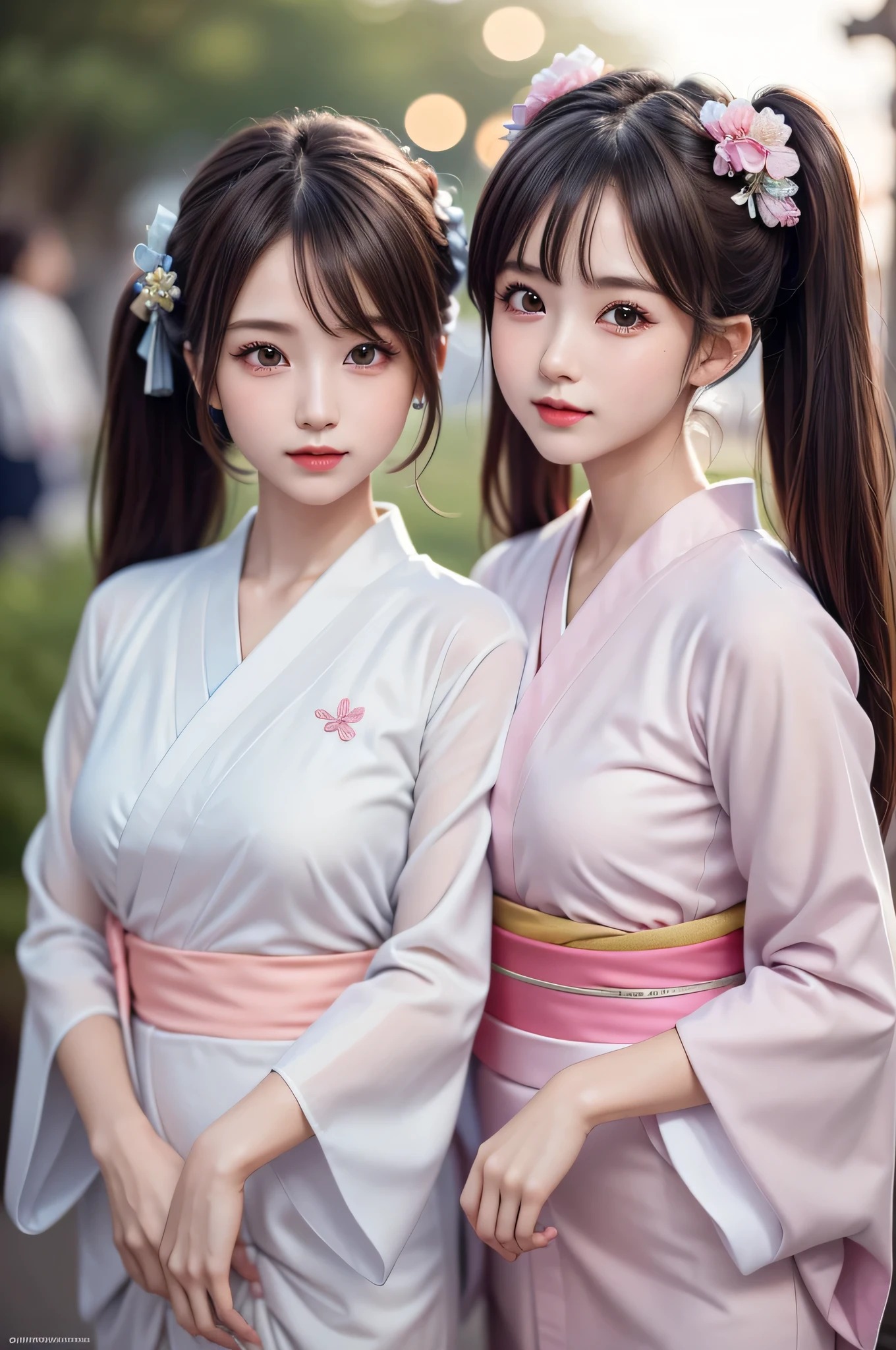 ((2girls)), ((Best Quality)), (Ultra-detailed), (extremely detailed CG unified 8k wallpaper), Highly detailed, High-definition raw color photos, Professional Photography, (Twin-tailed), Brown hair, Amazing face and eyes, Pink eyes, (amazingly beautiful girl), (Furisode:1.5), (Kimono:1.2), (((Bokeh))), depth of fields,