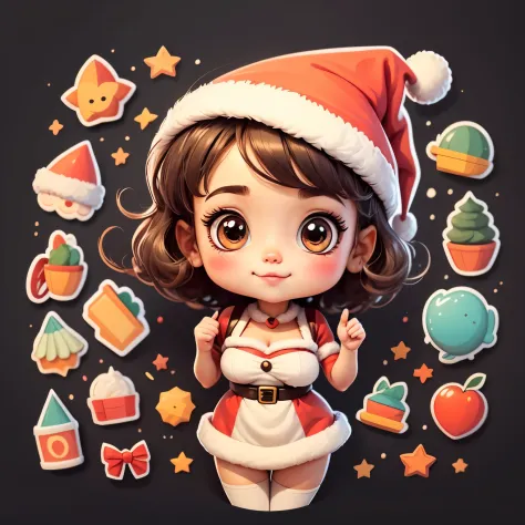 （（（One sticker）））。High quality design vector style image,Happy little girl wearing santa hat，Big eyes and short hair，cute big br...