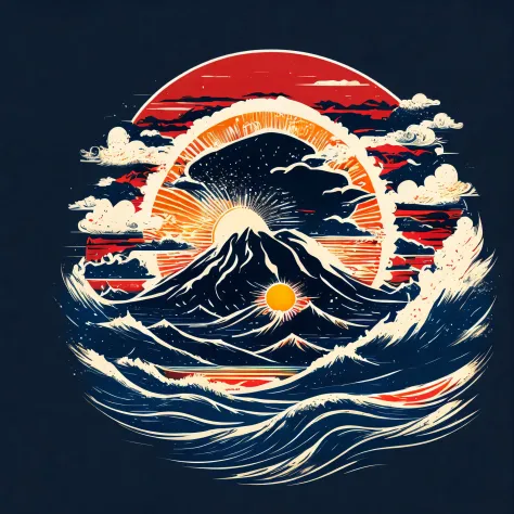 japanese tsunami with sun, center image, tshirt design, vector-art