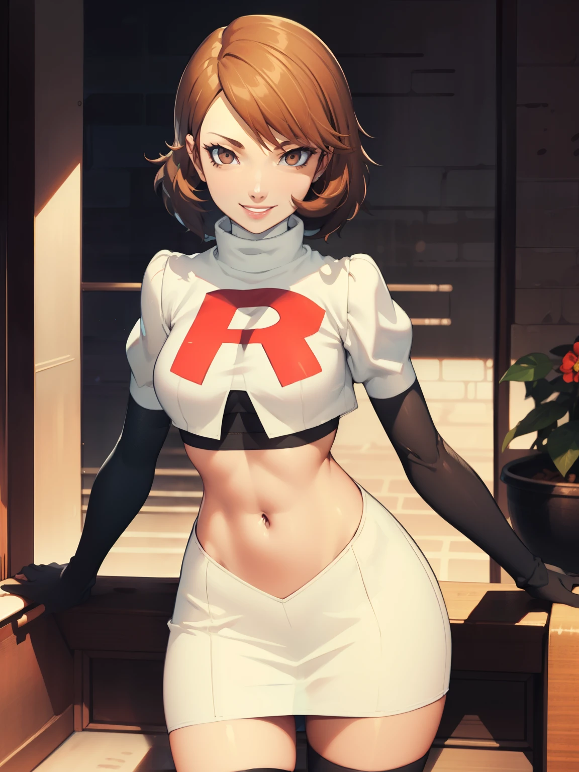 brown hair, short hair, glossy lips ,team rocket uniform, red letter R, white skirt,white crop top,black thigh-high boots, black elbow gloves, evil smile, looking at viewer, cowboy shot