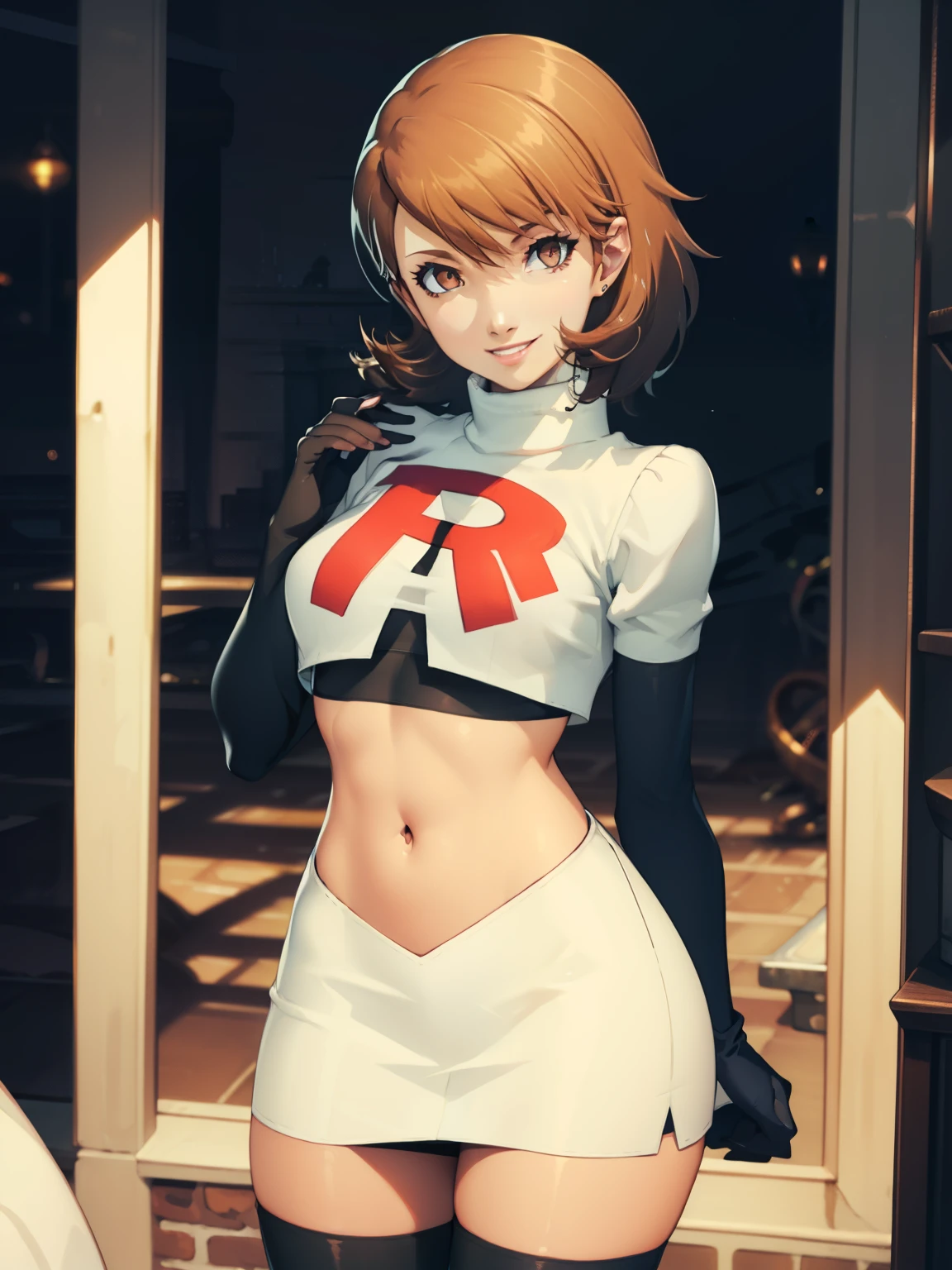 brown hair, short hair, glossy lips ,team rocket uniform, red letter R, white skirt,white crop top,black thigh-high boots, black elbow gloves, evil smile, looking at viewer, cowboy shot