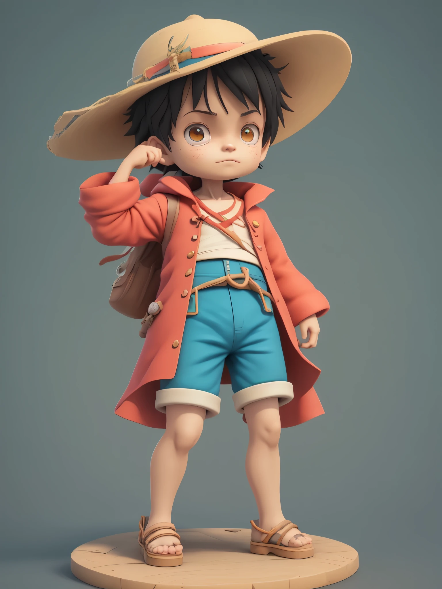 cute 3d render, cute detailed digital art, male pirate mini cute boy, cute digital painting, stylized 3d render, cute digital art, cute render 3d anime boy, luffy the little pirate looks up, cute! c4d, portrait anime sea pirate boy, he is wearing an open long-sleeved red cardigan with four buttons, with a yellow sash tied around his waist, blue shorts with cuffs, sandals, Straw hat with a red ribbon.