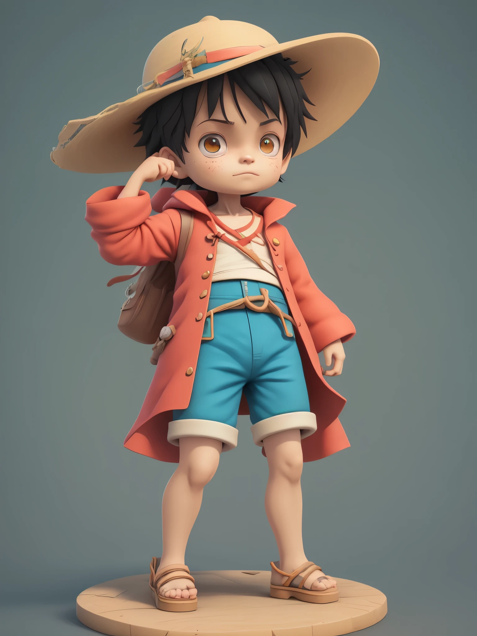 Niedlich 3d render, Niedlich detailed digital art, male pirate mini Niedlich boy, Niedlich digital painting, stilisiertes 3D-Rendering, Niedlich digital art, Niedlich render 3d anime boy, Ruffy, der kleine Pirat schaut nach oben, Niedlich! c4d, porträt anime meer pirat junge, Er trägt eine offene langärmlige rote Strickjacke mit vier Knöpfen, mit einer gelben Schärpe um die Taille, blaue Shorts mit Bündchen, sandals, Strohhut mit roter Schleife.