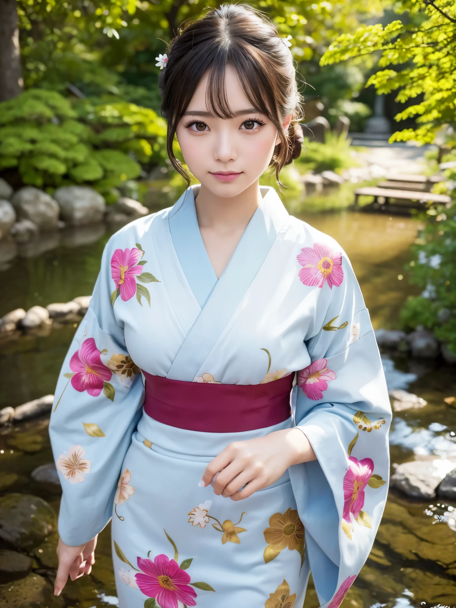 ((of the highest quality, 8K, masutepiece: 1.3, Raw photo)), Sharp Focus: 1.2, (1 AESPA Girl :1.1), Solo, (Realistic, Photorealistic: 1.37), (Face Focus: 1.1), Cute face, hyperdetailed face, (updo: 1.2), Small Smile, Japanese theme, flower pattern kimono, Washi background, standing at the Japan Garden, cinematic lighting, Beautiful Japanese makeup, A beautiful woman that symbolizes Japan culture, thigh,