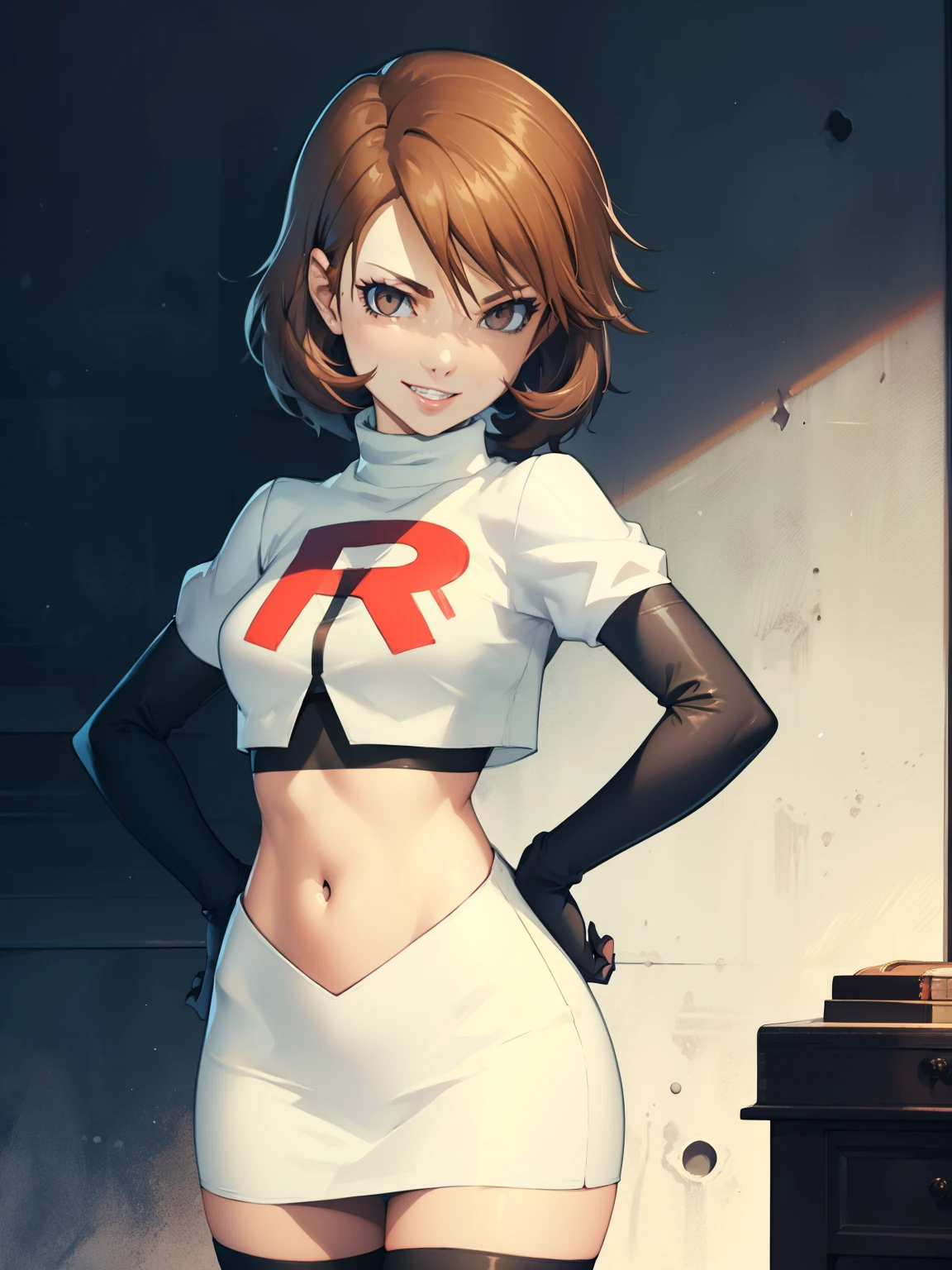 brown hair, short hair, glossy lips ,team rocket uniform, red letter R, white skirt,white crop top,black thigh-high boots, black elbow gloves, evil smile, looking at viewer, cowboy shot, hands on hips