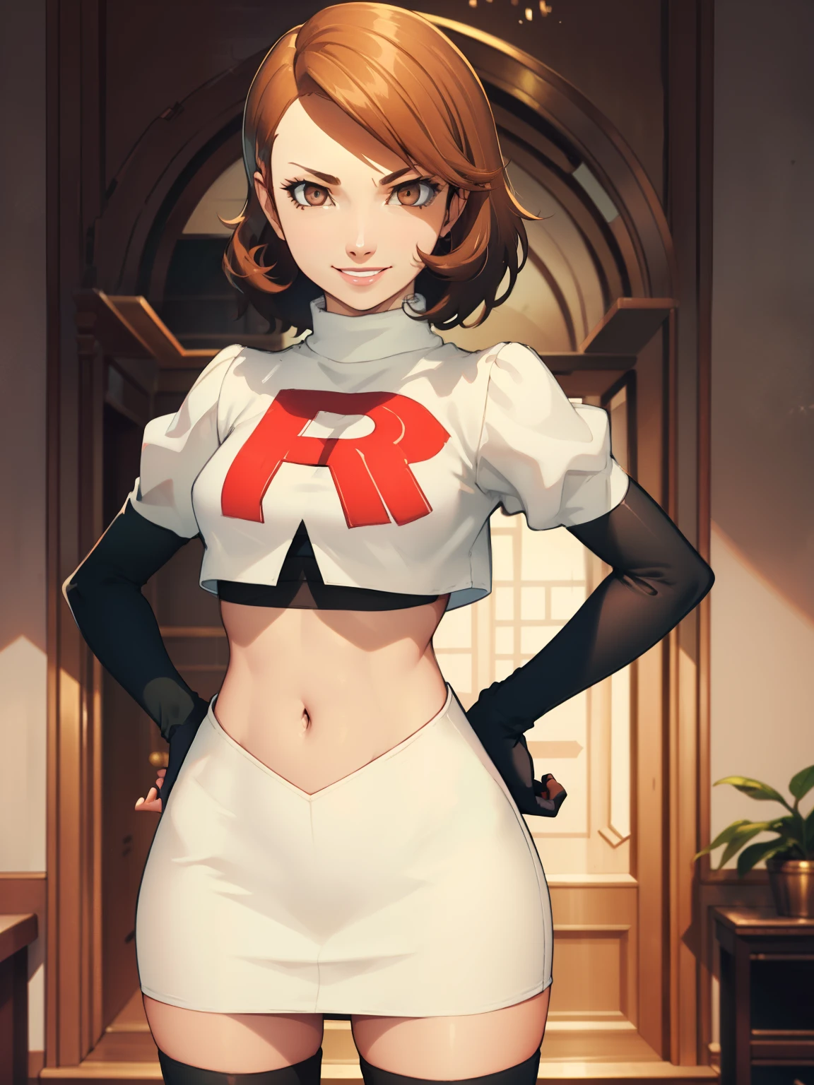 brown hair, short hair, glossy lips ,team rocket uniform, red letter R, white skirt,white crop top,black thigh-high boots, black elbow gloves, evil smile, looking at viewer, cowboy shot, hands on hips