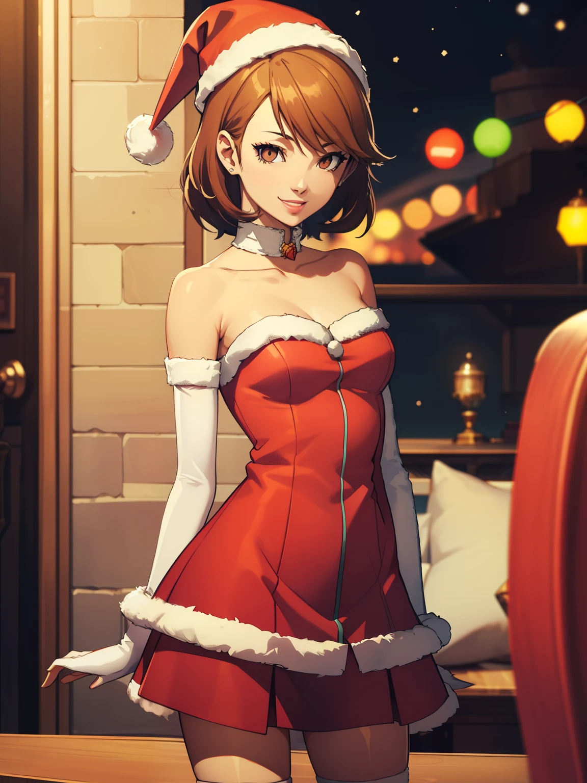 1girl, solo, masterpiece, best quality, high res, highly detailed, (illustration), beautiful detailed eyes, brown hair, short hair ,glossy lips, makeup, smile, long white satin elbow gloves, cowboy shot, (santa), red santa dress, santa hat, strapless dress