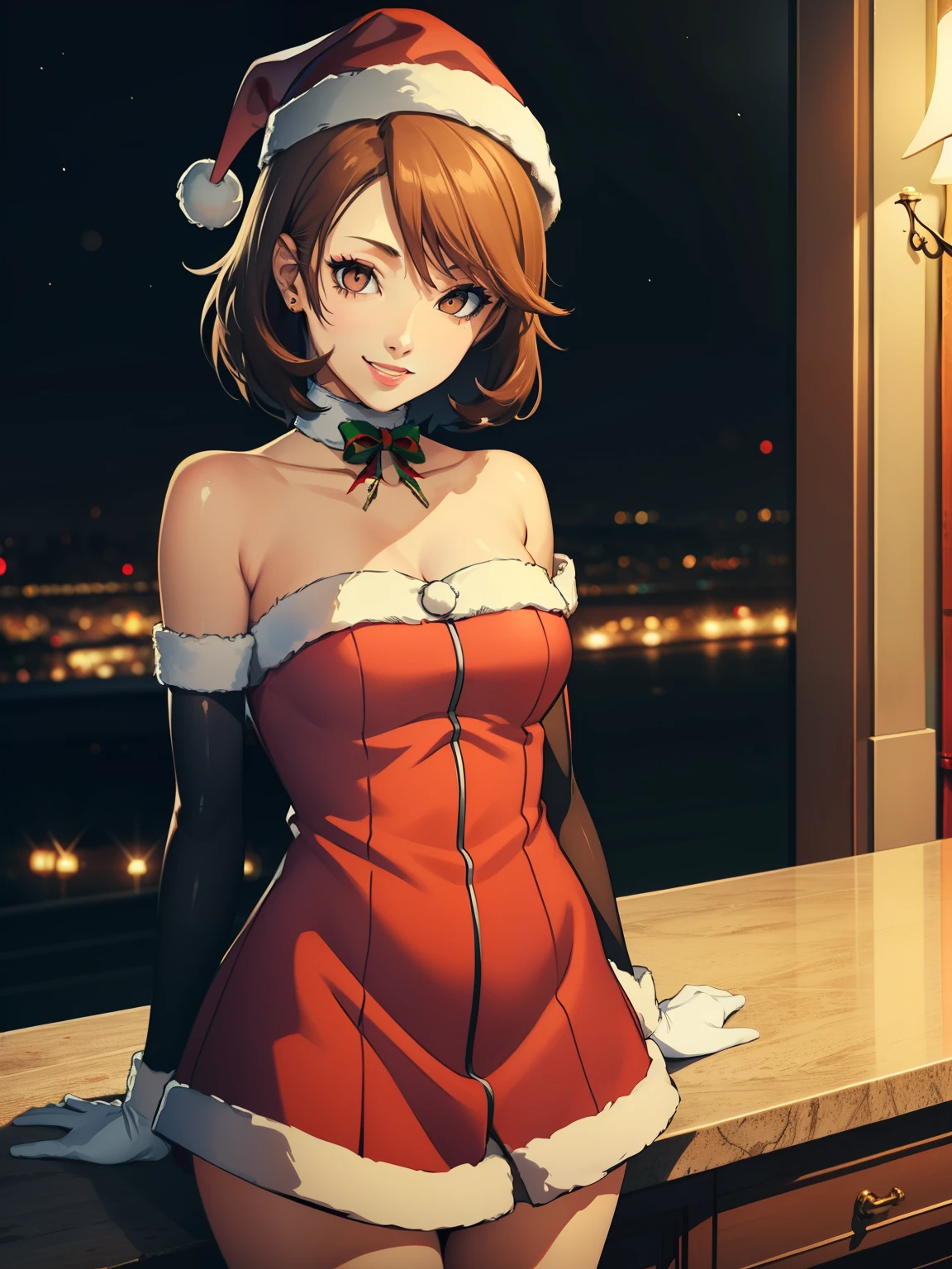 1girl, solo, masterpiece, best quality, high res, highly detailed, (illustration), beautiful detailed eyes, brown hair, short hair ,glossy lips, makeup, smile, long white satin elbow gloves, cowboy shot, (santa), red santa dress, santa hat, strapless dress