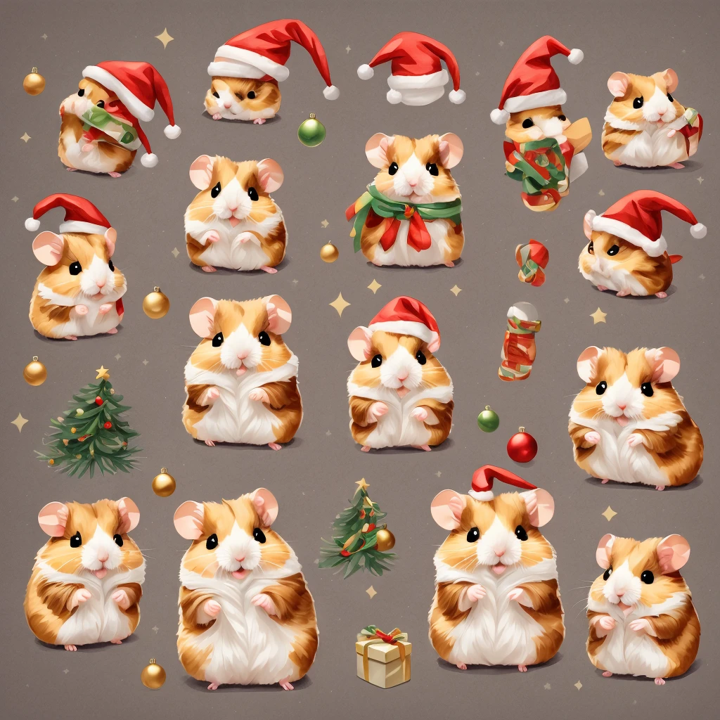 クリスマスのa stickerを作ります,(hamster:christmas clothes:detaileds),Christmas tree,gift box,Santa's Hat,santa costume,​masterpiece,top-quality,Fluffy hamsters,,Chibi,cute little,超A delightful,A delightful,tre anatomically correct,The cutest hamster,,hamster,a sticker,seal,((greybackground)),Marco
