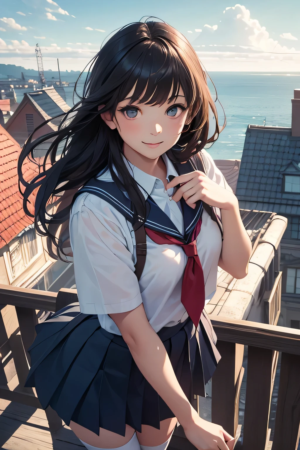 A very cute and beautiful high school girl looking at the sea on the hill,(very detailed beautiful face and eyes:1.2),
Smile,Cowboy Shot,Seifuku,(Pleated mini skirt in navy blue),Black hair,zettai ryouiki,
(Looking at the sea,From the top of the hill),There are many houses with red roofs,Detailed landscapes,
(Best Quality,masutepiece:1.2),Intricate details,Extremely detailed,hight resolution,Solo,
Dynamic Angle,Natural lighting,Hair fluttering in the wind,Beautiful detailed sky,Perfect hands,(Realistic),