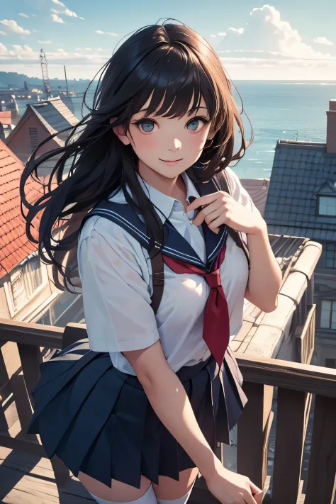 A very cute and beautiful high school girl looking at the sea on the hill,(very detailed beautiful face and eyes:1.2),
Smile,Cowboy Shot,Seifuku,(Pleated mini skirt in navy blue),Black hair,zettai ryouiki,
(Looking at the sea,From the top of the hill),Ther...