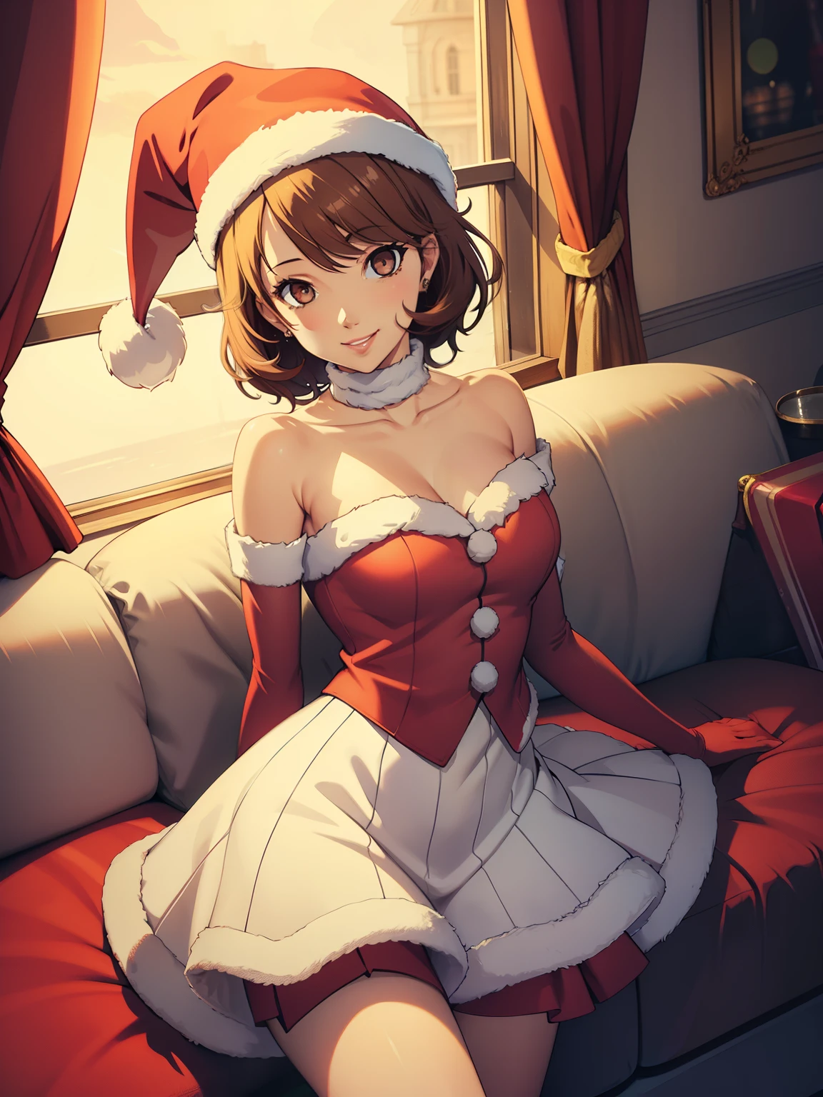 1girl, solo, masterpiece, best quality, high res, highly detailed, (illustration), beautiful detailed eyes, brown hair, short hair ,glossy lips, makeup, smile, long white satin elbow gloves, cowboy shot, (santa), red santa dress, santa hat, strapless dress, full body