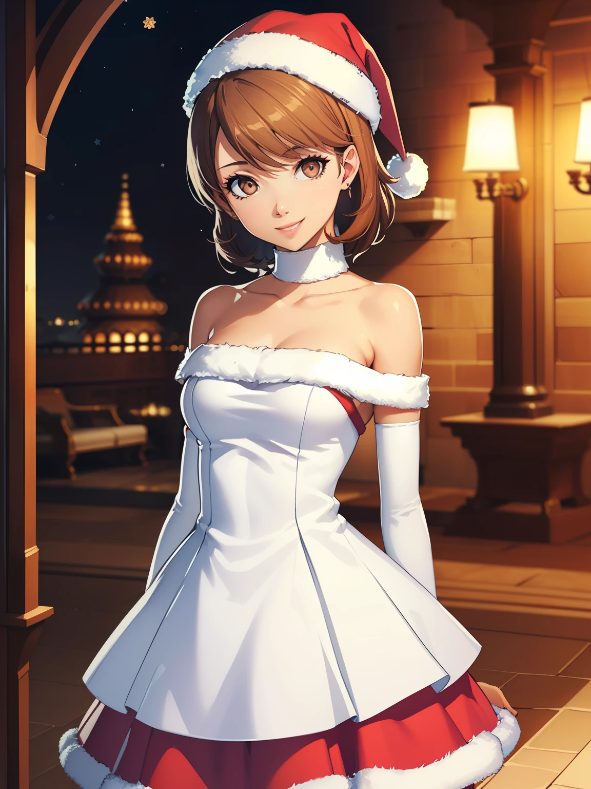 1girl, solo, masterpiece, best quality, high res, highly detailed, (illustration), beautiful detailed eyes, brown hair, short hair ,glossy lips, makeup, smile, long white satin elbow gloves, cowboy shot, (santa), red santa dress, santa hat, strapless dress, full body