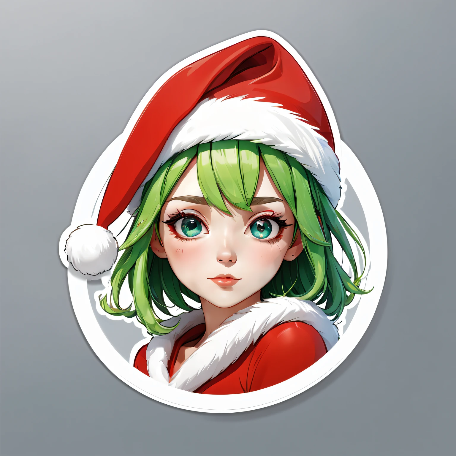 (One sticker,),(3D cartoon santa hat girl),bright colored hair,Slim, ellegance, There is also a touch of mystery.(on a circular background), (Christmas border)，, ultra - detailed, Detailed illustration, vectorized, 8K, 专业One sticker设计, Graphic design, vector lines, One sticker, Full-HD