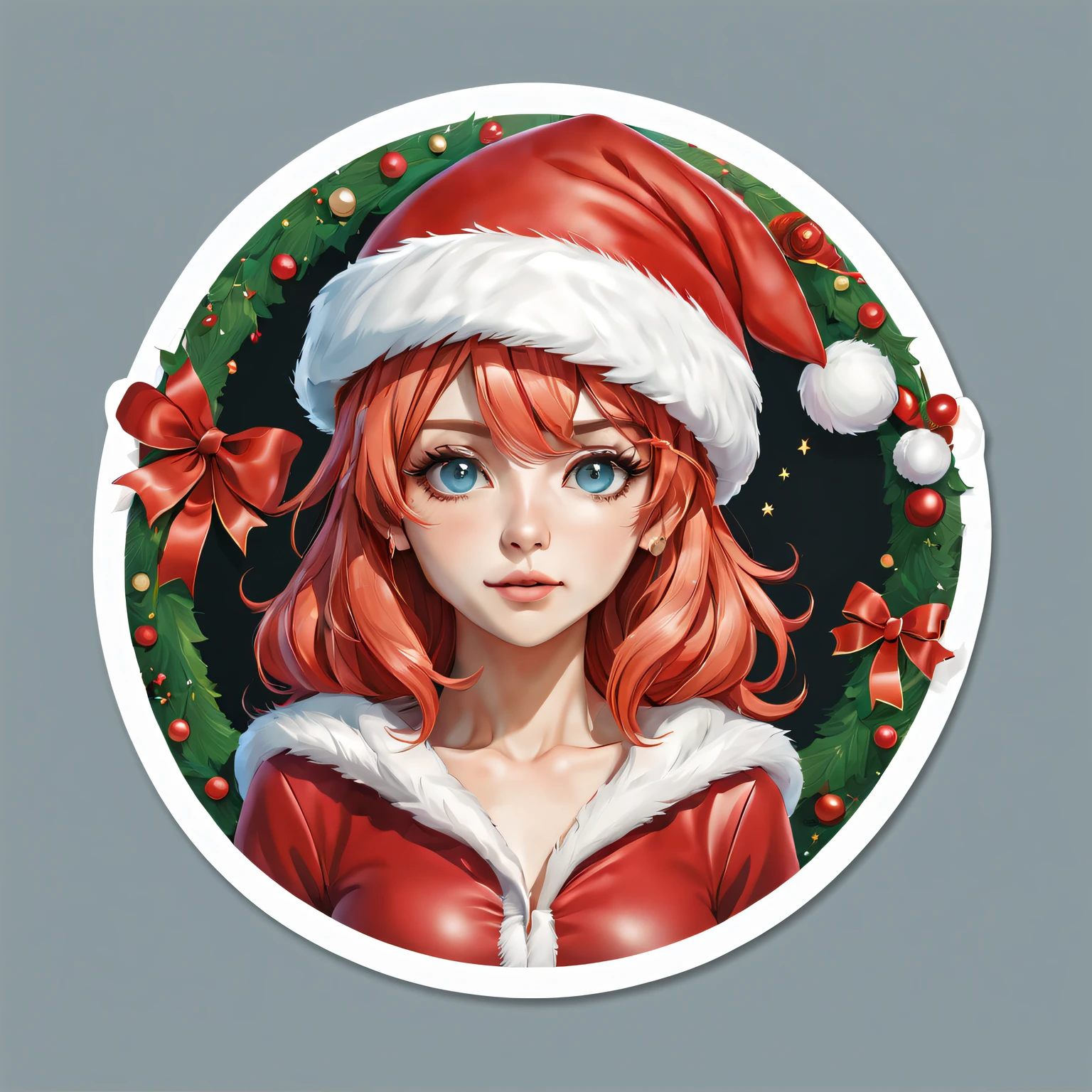 (One sticker,),(3D cartoon santa hat girl),bright colored hair,Slim, ellegance, There is also a touch of mystery.(on a circular background), (Christmas border)，, ultra - detailed, Detailed illustration, vectorized, 8K, 专业One sticker设计, Graphic design, vector lines, One sticker, Full-HD