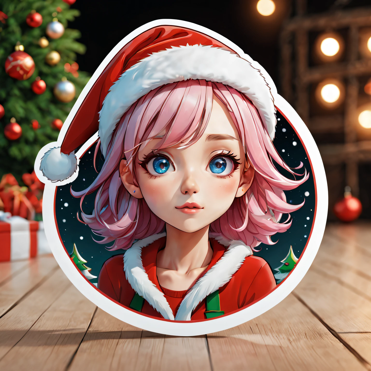 (One sticker,),(3D cartoon santa hat girl),bright colored hair,Slim, ellegance, There is also a touch of mystery.(on a circular background), (Christmas border)，, ultra - detailed, Detailed illustration, vectorized, 8K, 专业One sticker设计, Graphic design, vector lines, One sticker, Full-HD