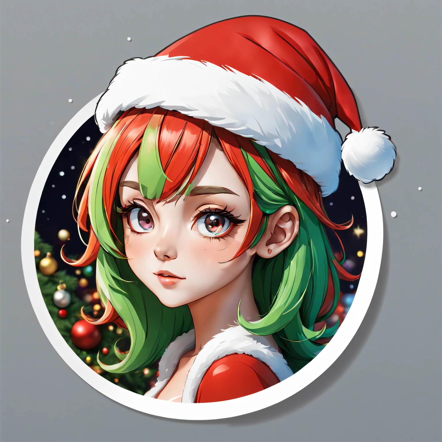 (One sticker,),(3D cartoon santa hat girl),bright colored hair,Slim, ellegance, There is also a touch of mystery.(on a circular background), (Christmas border)，, ultra - detailed, Detailed illustration, vectorized, 8K, 专业One sticker设计, Graphic design, vector lines, One sticker, Full-HD