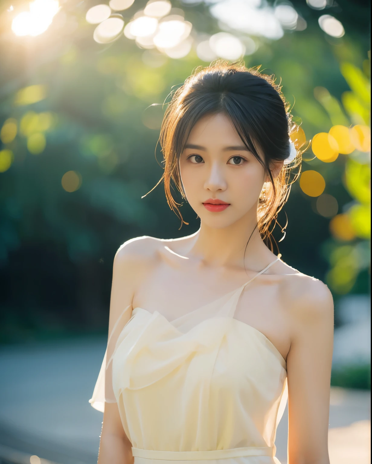 (sweat:0.7),Light yellow wedding dress,white short skirt,woman,vietnamese ,exquisite face, beautiful face,bare shoulders,shoulders slightly exposed,translucent skin,black eyes,black hair,(photorealistic:1.4),realistic details, high resolution,bokeh,outstanding details