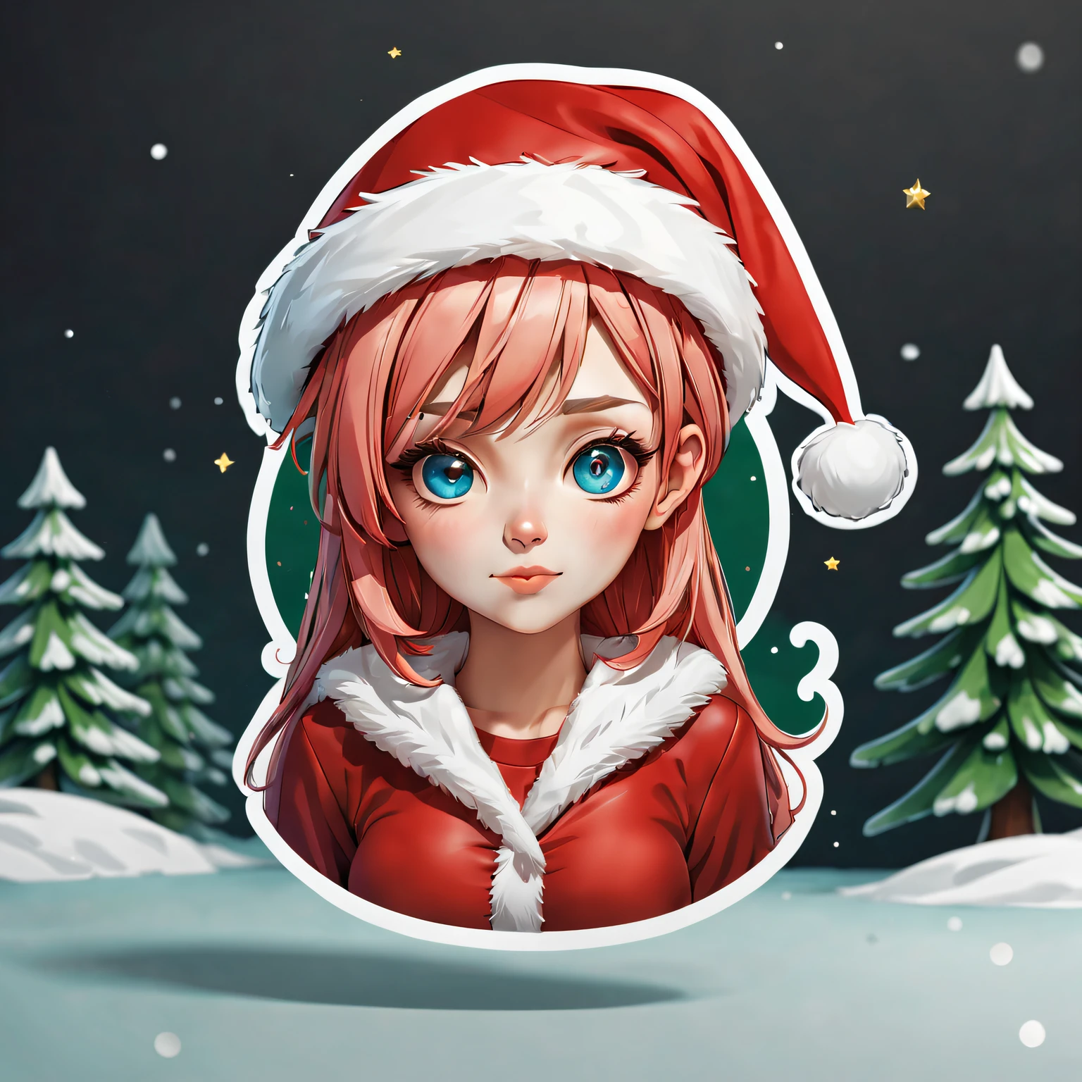 (One sticker,),(3D cartoon santa hat girl),bright colored hair,Slim, ellegance, There is also a touch of mystery.(on a circular background), (Christmas border)，, ultra - detailed, Detailed illustration, vectorized, 8K, 专业One sticker设计, Graphic design, vector lines, One sticker, Full-HD