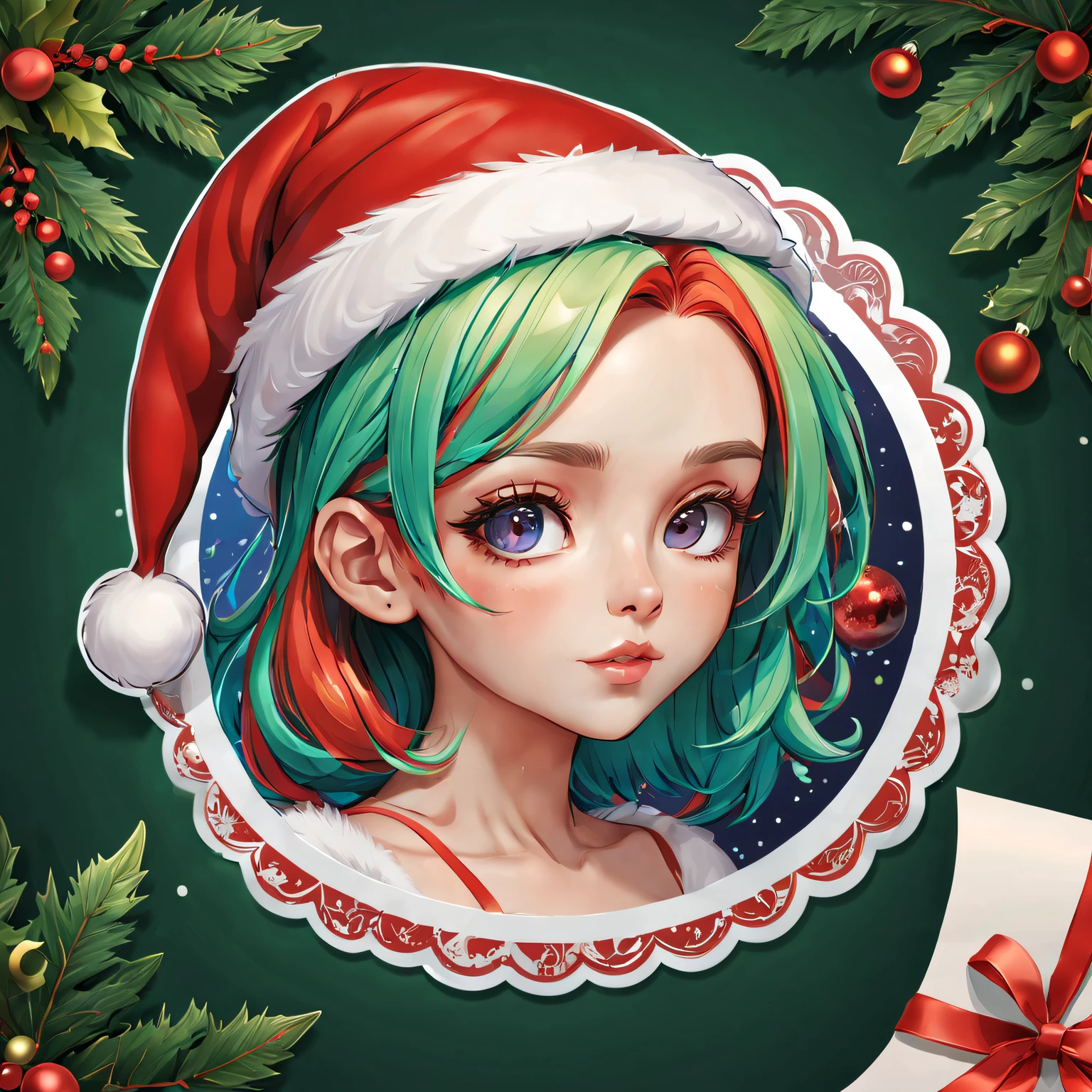 (One sticker,),(3D cartoon santa hat girl),bright colored hair,Slim, ellegance, There is also a touch of mystery.(on a circular background), (Christmas border)，, ultra - detailed, Detailed illustration, vectorized, 8K, 专业One sticker设计, Graphic design, vector lines, One sticker, Full-HD