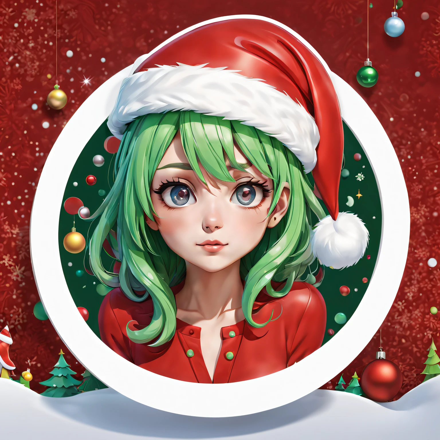 (One sticker,),(3D cartoon santa hat girl),bright colored hair,Slim, ellegance, There is also a touch of mystery.(on a circular background), (Christmas border)，, ultra - detailed, Detailed illustration, vectorized, 8K, 专业One sticker设计, Graphic design, vector lines, One sticker, Full-HD