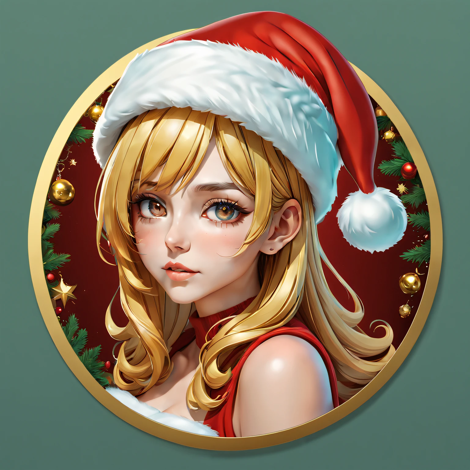 (One sticker,),(3D cartoon santa hat girl),bright colored hair,Slim, ellegance, There is also a touch of mystery.(on a circular background), (Christmas border)，, ultra - detailed, Detailed illustration, vectorized, 8K, 专业One sticker设计, Graphic design, vector lines, One sticker, Full-HD