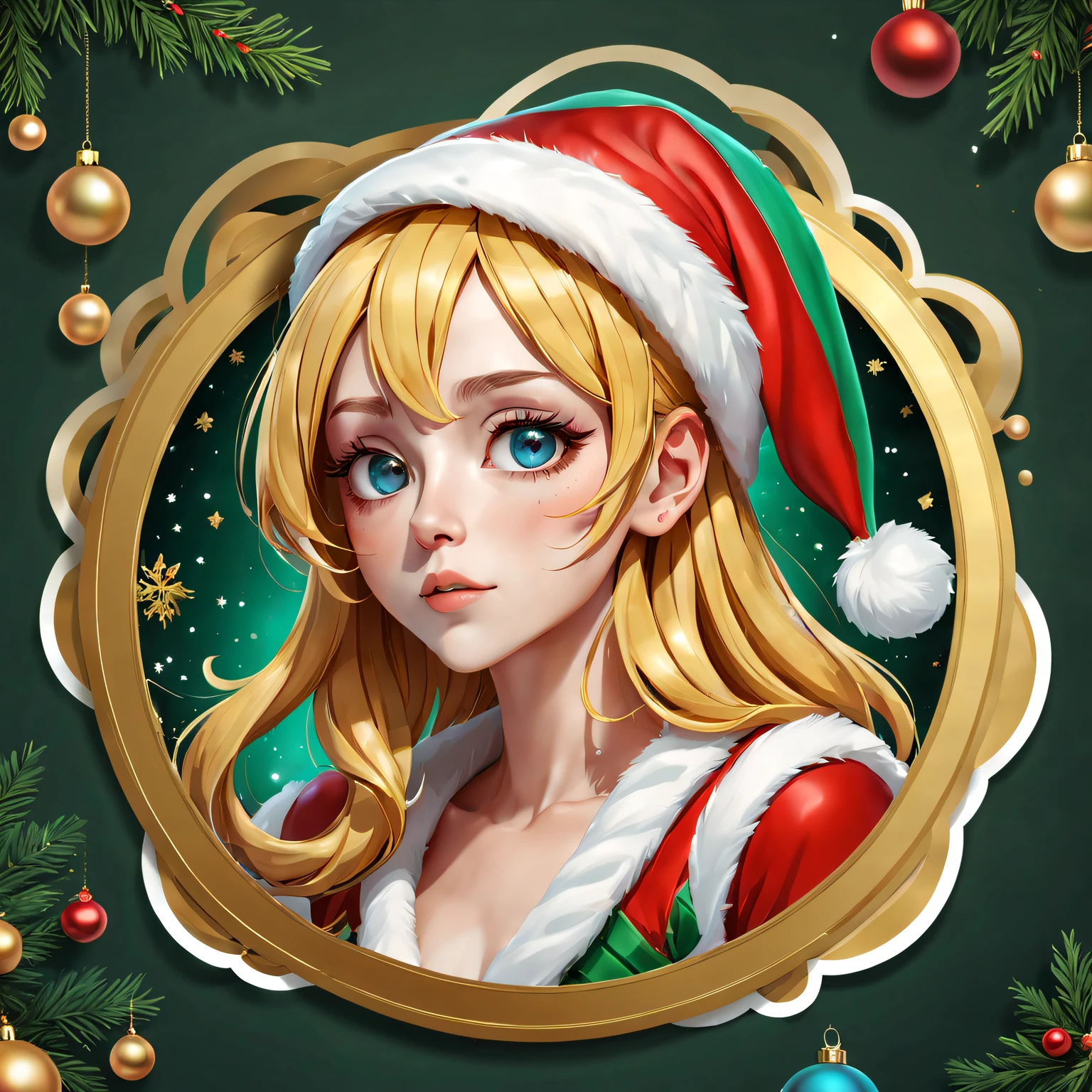 (One sticker,),(3D cartoon santa hat girl),bright colored hair,Slim, ellegance, There is also a touch of mystery.(on a circular background), (Christmas border)，, ultra - detailed, Detailed illustration, vectorized, 8K, 专业One sticker设计, Graphic design, vector lines, One sticker, Full-HD