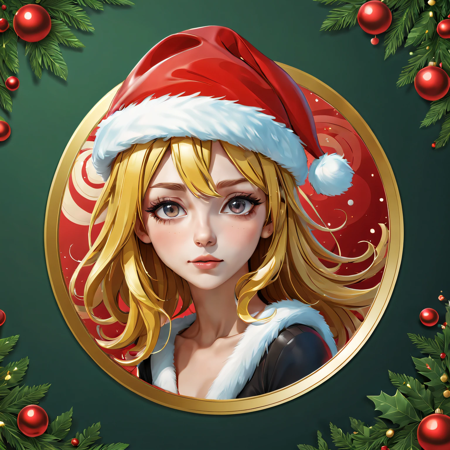 (One sticker,),(3D cartoon santa hat girl),bright colored hair,Slim, ellegance, There is also a touch of mystery.(on a circular background), (Christmas border)，, ultra - detailed, Detailed illustration, vectorized, 8K, 专业One sticker设计, Graphic design, vector lines, One sticker, Full-HD