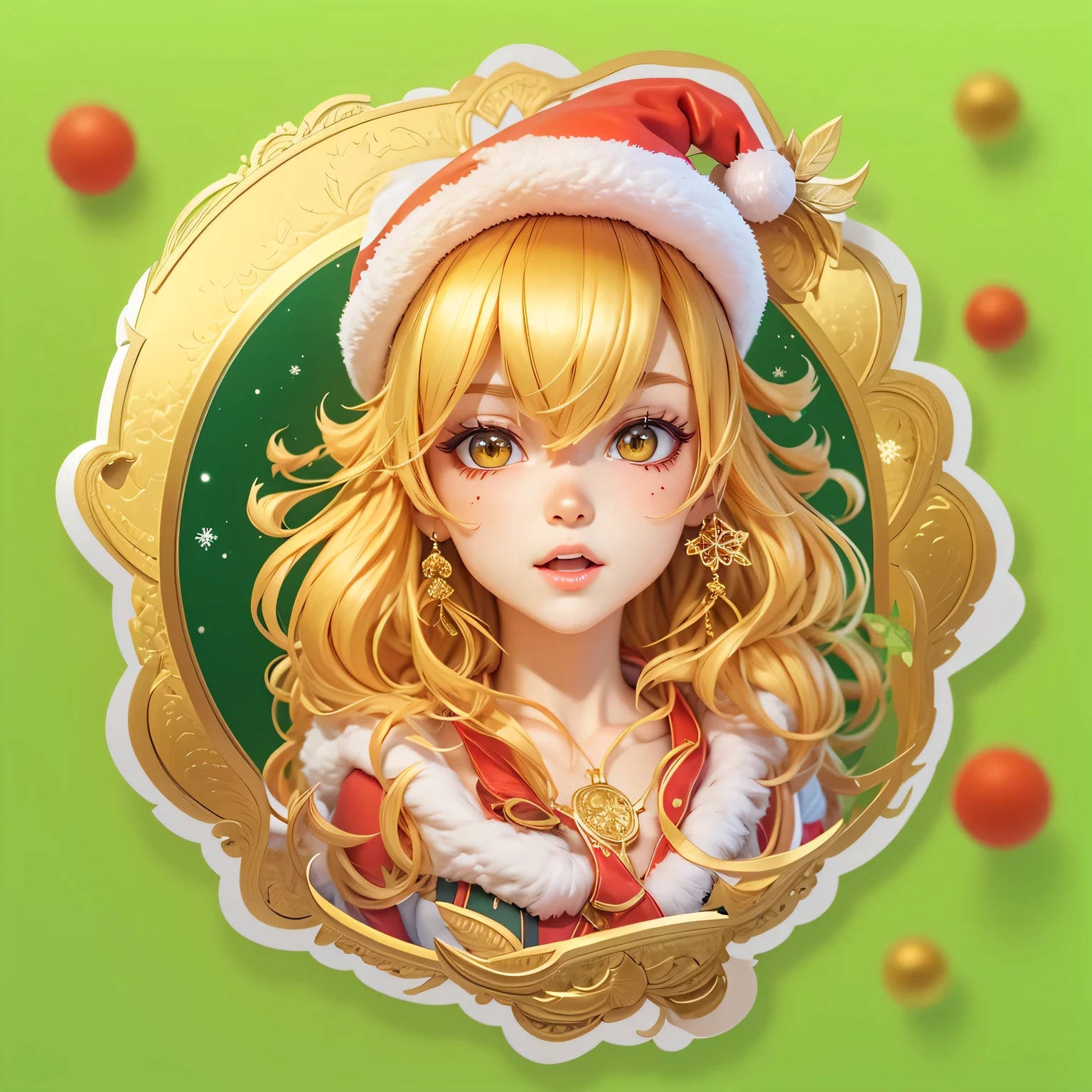 (One sticker,),(3D cartoon santa hat girl),bright colored hair,Slim, ellegance, There is also a touch of mystery.(on a circular background), (Christmas border)，, ultra - detailed, Detailed illustration, vectorized, 8K, 专业One sticker设计, Graphic design, vector lines, One sticker, Full-HD