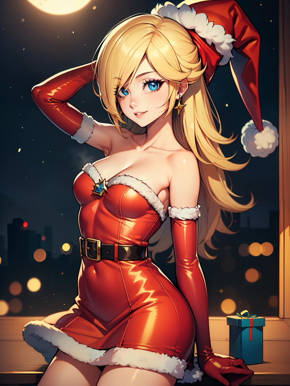 1girl, solo, masterpiece, best quality, high res, highly detailed, (illustration), beautiful detailed eyes, rosalina ,glossy lips, makeup, smile, long white satin elbow gloves, cowboy shot, (santa), red santa dress, santa hat, strapless dress, full body