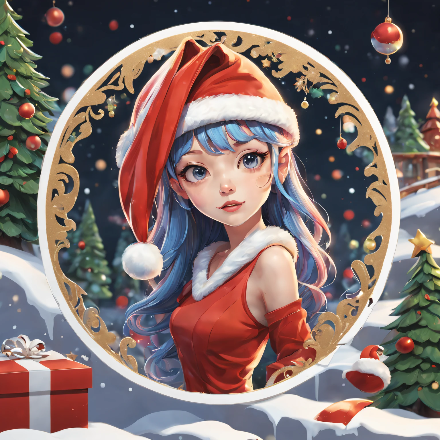 (One sticker,),(3D cartoon santa hat girl),bright colored hair,Slim, ellegance, There is also a touch of mystery.(on a circular background), (Christmas border)，, ultra - detailed, Detailed illustration, vectorized, 8K, 专业One sticker设计, Graphic design, vector lines, One sticker, Full-HD