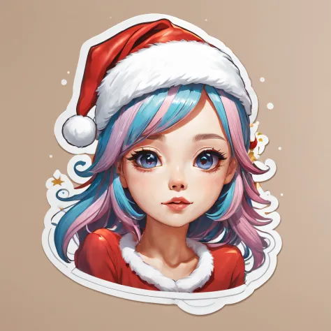 (One sticker,),(3D cartoon santa hat girl),bright colored hair,Slim, ellegance, There is also a touch of mystery.(on a circular ...