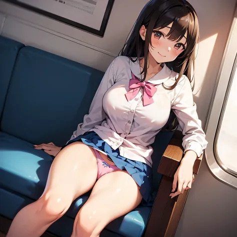 (((masutepiece, Highest Quality, Best Quality, 1girl in, Solo, Beautiful anime、Detailed picture)))、18year old、A slender、slightly larger breasts、skinny thigh、(dark brown hair、Longhaire、Brown-eyed、rounded eyes、Clear department、real  face、),On the train、sitti...