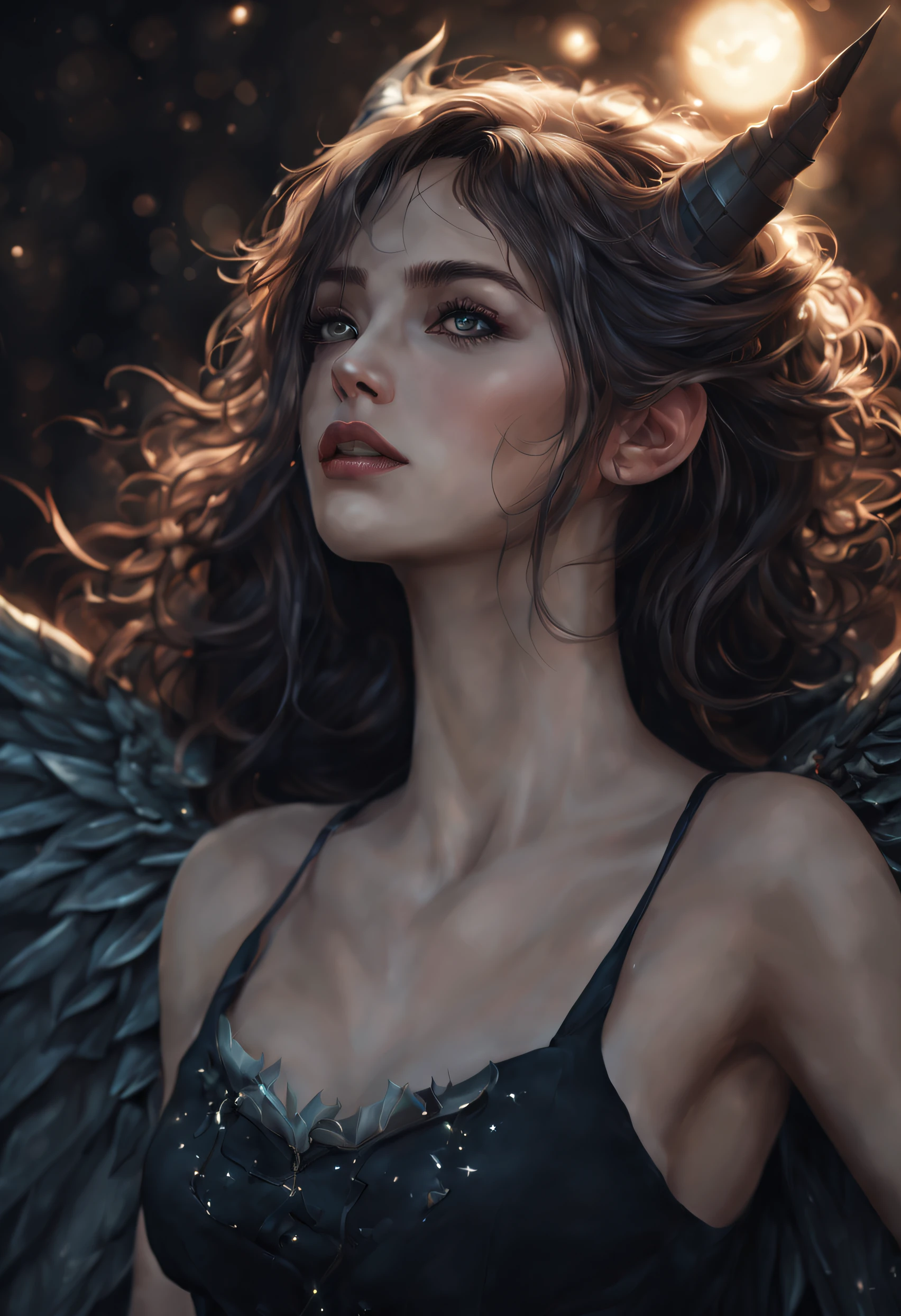 sunshine.attractive female goddess, clothes barely covering roundings. shiny skin, highly detailed,absurdres, highres,A beautiful lady, like a devil,Wings of Icarus, Flying , in high-altitude sky, magnificent view, dynamic devil, (ground from above), (bat) around girl, spread black feather wing of a bat grow, open arms,the wings .ram horns on head,some clothing that is revealing. Starry Skies, photo realistic,cinematic lighting,hyperdetailed,glow effect, painting, lucy \(cyberpunk\), portrait, asymmetrical hair, black bodysuit, grey eyes, hip bent, open jacket, night, cute,  (((flirty sultry pose))),(((perfect symmetrical body anatomy))), sleeveless ,reclining,blush,photo realistic,cinematic lighting,hyperdetailed,glow effect, Charlie Bowater, stanley artgerm lau, a character portrait, sots art, sharp focus, smooth, aesthetic, extremely detailed, octane render,solo, dark industrial background, rtx, rock clothes, cinematic light, intricate detail, highly detailed, high res, detail