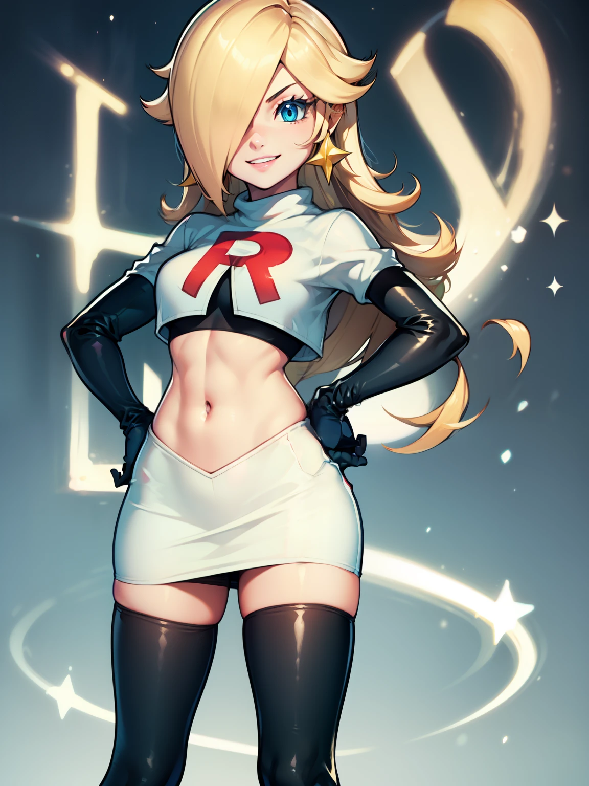 Rosalina, Lábios brilhantes ,uniforme da equipe rocket, letra vermelha R, saia branca,top branco,botas pretas de cano alto, luvas de cotovelo pretas, Sorriso maléfico, Olhando para o visualizador, tiro de vaqueiro, mãos nos quadris