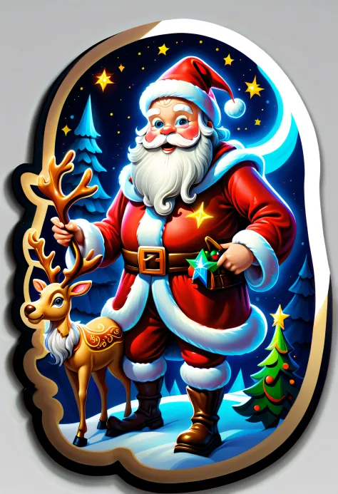 (((Christmas santa style wizard sticker illustration:1.3))), oil painting illustration sticker, Christmas tree-like cane, wearing a Christmas-like dress, Christmas color neon effect, Cinematic angles, Dark fantasy reindeer and sleigh, inside the frame, smo...