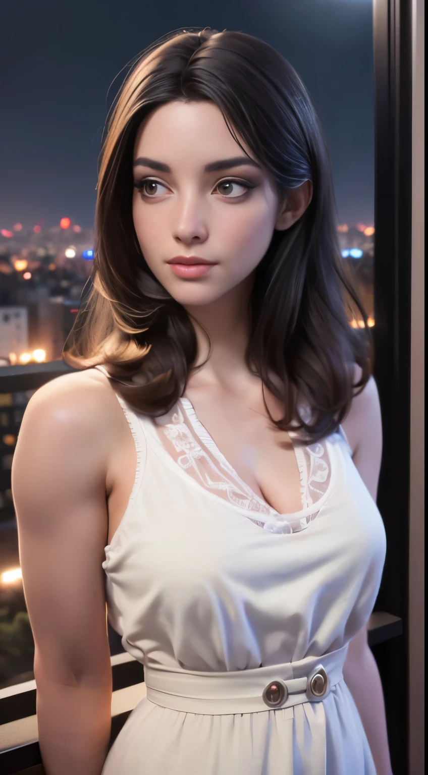 photo of Sweet_Anita, RAW, beautiful woman, ((portrait)), ((detailed face:1.2)), ((detailed facial feature, detailed skin, clear skin), (perfect proportioned body), (wearing a colorful dress) (high detailed city environment, apartment balcony), (realistic photo, best quality, detailed), (8k wallpaper), (cinematic lighting, dramatic lighting) (sharp focus, intricate)